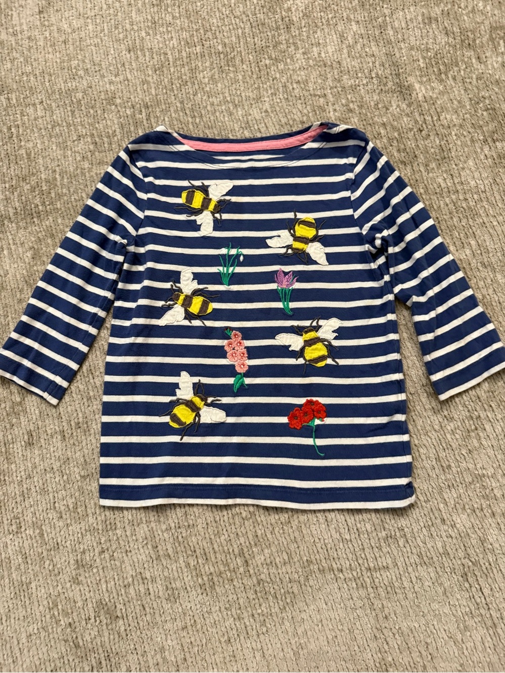 Mini Boden Girls Bumblebee Floral Applique Striped Top Navy White Size 5-6Y